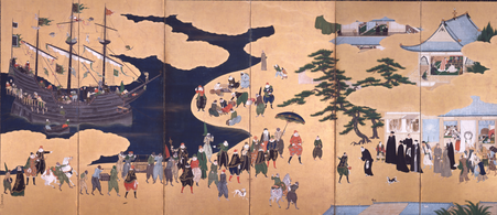 Nanban trade. The screen shows foreigners arriving at a shore of Japan. Kano Naizen "Nanbanjin Inauguration" (right), circa. 1600