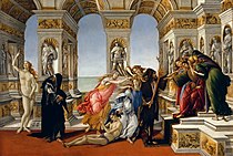 桑德羅·波提切利的《誹謗 (波堤切利)（英语：Calumny of Apelles (Botticelli)）》，62 × 91 cm，約繪於1495年，1773年始藏[49]