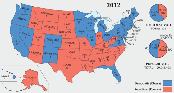 Results by state with pie charts for the electoral college and popular vote.