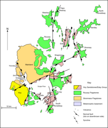 A map of the geology of Orkney. Hoy to the south-west is predominantly formed from Hoy/Eday Sandstones. The Mainland at centre is largely Stromness flagstones with Rousay flagstones to the east. The North and South Isles are a mixture of Eday and Rousay sandstones.