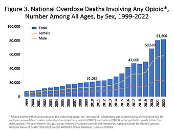 US yearly deaths from all opioid drugs. Included in this number are opioid analgesics, along with heroin and illicit synthetic opioids.[119]