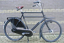 Heavy-duty city bicycle with frame-mounted front carrier known as a "semi-transportfiets" (Dutch for semi-transport bicycle)