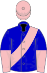 Blue, pink sash, halved sleeves, pink cap