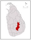 Area map of Badulla District which has its northern border near the centre of the country and extends to the south, located in the Uva Province of Sri Lanka