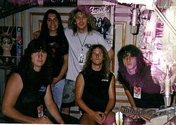 Death in Mexico City, June 1989. From left to right: bassist Terry Butler, guitarist Paul Masvidal, manager Eric Greif, drummer Bill Andrews and guitarist/vocalist Chuck Schuldiner