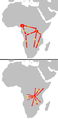 Image 7 1 = 2000–1500 BC origin 2 = c. 1500 BC first dispersal      2.a = Eastern Bantu      2.b = Western Bantu 3 = 1000–500 BC Urewe nucleus of Eastern Bantu 4–7 = southward advance 9 = 500–1 BC Congo nucleus 10 = AD 1–1000 last phase (from History of Africa)