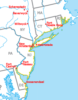 The coastline of New Netherland and some settlements shown relative to modern borders