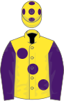 Yellow, large Purple spots, sleeves and spots on cap