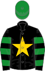 Black, green hooped sleeves, gold star, green cap