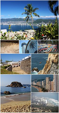 Acapulco panoramic collage. Top, from left to right: Acapulco Bay from Chapel of Peace, Petroglyphs in Palma Sola, Nuestra Señora de la Soledad Cathedral, Mural by Diego Rivera in Dolores Olmedo House, San Diego Fort, La Quebrada, La Condesa Beach, Acapulco Dorado and Acapulco Diamante.