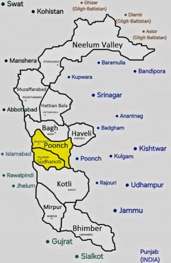 A map showing Sudhanoti district shaded in Yellow along with Poonch district