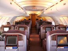 A forward-looking view in the stretched upper deck cabin of later 747s