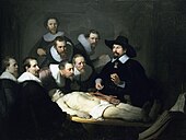 A painting of an autopsy, by Rembrandt, entitled "The Anatomy Lesson of Dr. Nicolaes Tulp"