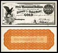 $5,000 Gold Certificate, Series 1865, Fr.1166f, with a vignette of an eagle and shield (left) and justice (bottom center).