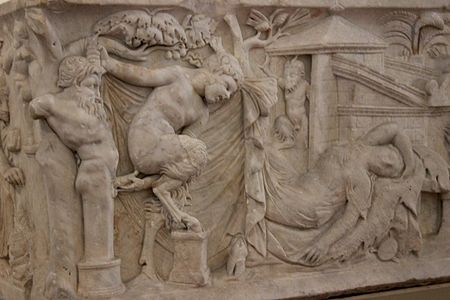 Detail of a relief on the outside of an ancient Roman sarcophagus. It has been commented that postures of the female Satyr and the herm sculpture have similarities to the figures in image 7 of the woodcut booklet.[8][6][11] Marble. National Archaeological Museum, Naples. 140 to 160 CE.