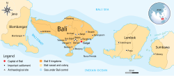 The maximum extent of Balinese Kingdom of Gelgel in the mid-16th century. The territory covers Blambangan (Banyuwangi) to the western part of Sumbawa.