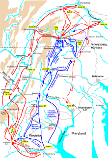 A map showing Union and Confederate movements at the corps level during the opening phases of the Gettysburg Campaign, with Stuart's cavalry ride shown with a red dotted line.