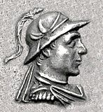 Indo-Greek king Hermaeus wearing a similar helmet, depicted on one of his silver coins; c. 90–70 BC.