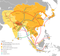 Expansion of Buddhism, originated from India in the 6th century BCE to the rest of Asia until present.