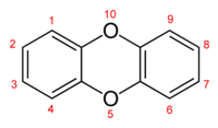 The skeletal formula of dibenzo-p-dioxin, with its numbering scheme annotated