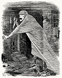 Cartoon of Jack the Ripper as a phantom stalking Whitechapel