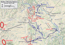 A map showing Union actions and Stuart's responses at the Battle of Brandy Station