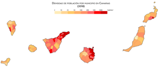 Densidad de población por municipio en Canarias