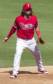 Freddy Galvis wearing the Phillies' alternate red uniform