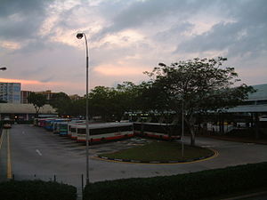 Yishun Bus Interchange at sunset. This is one of two parking areas. The passenger boarding area is to the right of the picture.