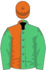 Emerald green and orange (halved), emerald green sleeves, orange cap