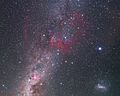 The Gum Nebula is visible as the faint large red nebula in this image.