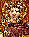 Byzantine Emperor Justinian I wearing Tyrian purple, 6th-century mosaic at Basilica of San Vitale, Ravenna, Italy