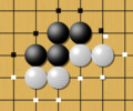 Image 17One black chain and two white chains, with their liberties marked with dots. Liberties are shared among all stones of a chain and can be counted. Here the black group has 5 liberties, while the two white chains have 4 liberties each. (from Go (game))