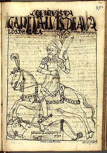 Captain Luis de Ávalos de Ayala kills Manco Inca Yupanqui in the conquest of Lima. Chronicle made in 1615 by the Inca painter Guamán Poma. Royal Library, Denmark.[23]