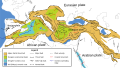 Tectonic map of Alpine structures in the Middle East and southern Europe, which form the western part of the Alpide belt.