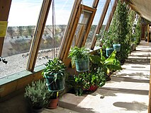 Earthship inside greenhouse.