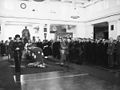 The coffin of Ben Chifley, the 16th Prime Minister of Australia, lying in state inside King's Hall, Old Parliament House, Canberra, 1951.