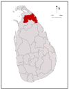 Area map of Mullaitivu District, extending to the west from the north by east coast in the Northern Province of Sri Lanka