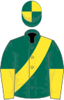 Dark green, yellow sash, halved sleeves, quartered cap