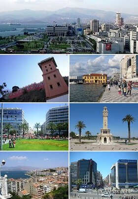 From top to bottom, left to right: Konak in İzmir, Historical Elevator in Karataş, Pasaport Wharf in İzmir, Gündoğdu Square, İzmir Clock Tower in Konak Square, A view of the city from Historical Elevator, Karşıyaka.