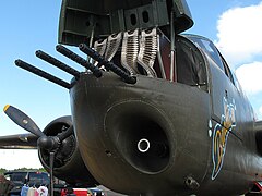 B-25H Gunship Barbie III showing 75mm M5 gun and 4 .50 Browning machine guns and ammunition.