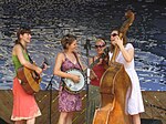 Women playing the banjo, guitar, bass and violin