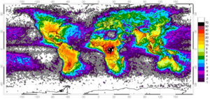 Prevalency of lightning by reigon, in flashes/km2/year.