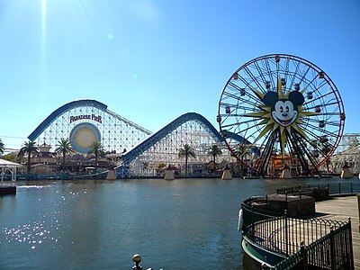 Disney California Adventure's Pixar Pal-A-Round, an eccentric wheel modelled on Wonder Wheel, was built in 2001 as Sun Wheel and became Mickey's Fun Wheel in 2009 and currently Pixar Pal-A-Round in 2018[180]