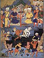 Zulqarnayn with the help of some jinn, building the Iron Wall to keep the barbarian Gog and Magog from civilized peoples (16th century Persian miniature)