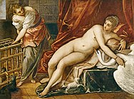 丁托列托的《列達與天鵝（義大利語：Leda e il cigno (Tintoretto)）》，162 × 218 cm，約繪於1560年，1893年始藏[74]