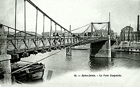 Puente colgante en el Sena que une Saint-Denis y Île Saint-Denis (1844), construido por Marc Seguin y hermanos, reemplazado por el puente Formigé en 1905