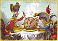 Image 5James Gillray's The Plumb-pudding in Danger (1805). The world being carved up into spheres of influence between Pitt and Napoleon. According to Martin Rowson, it is "probably the most famous political cartoon of all time—it has been stolen over and over and over again by cartoonists ever since." (from Political cartoon)