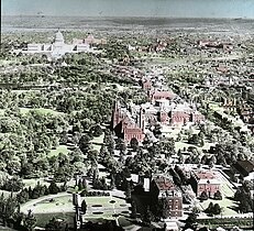 The Victorian landscaping and architecture of the Mall looking east from the top of the Washington Monument, showing the influence of the Downing Plan and Adolph Cluss on the National Mall c. 1904.