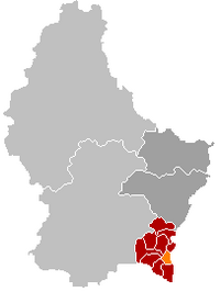 Map of Luxembourg with Wellenstein highlighted in orange, and the canton in dark red